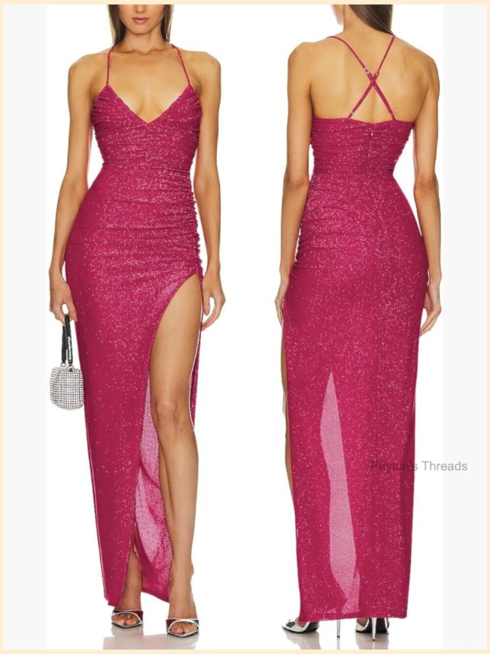 Elegant Glitter V-Neck Maxi Dress Thigh-High Slit Ruched Bodycon Evening Gown
